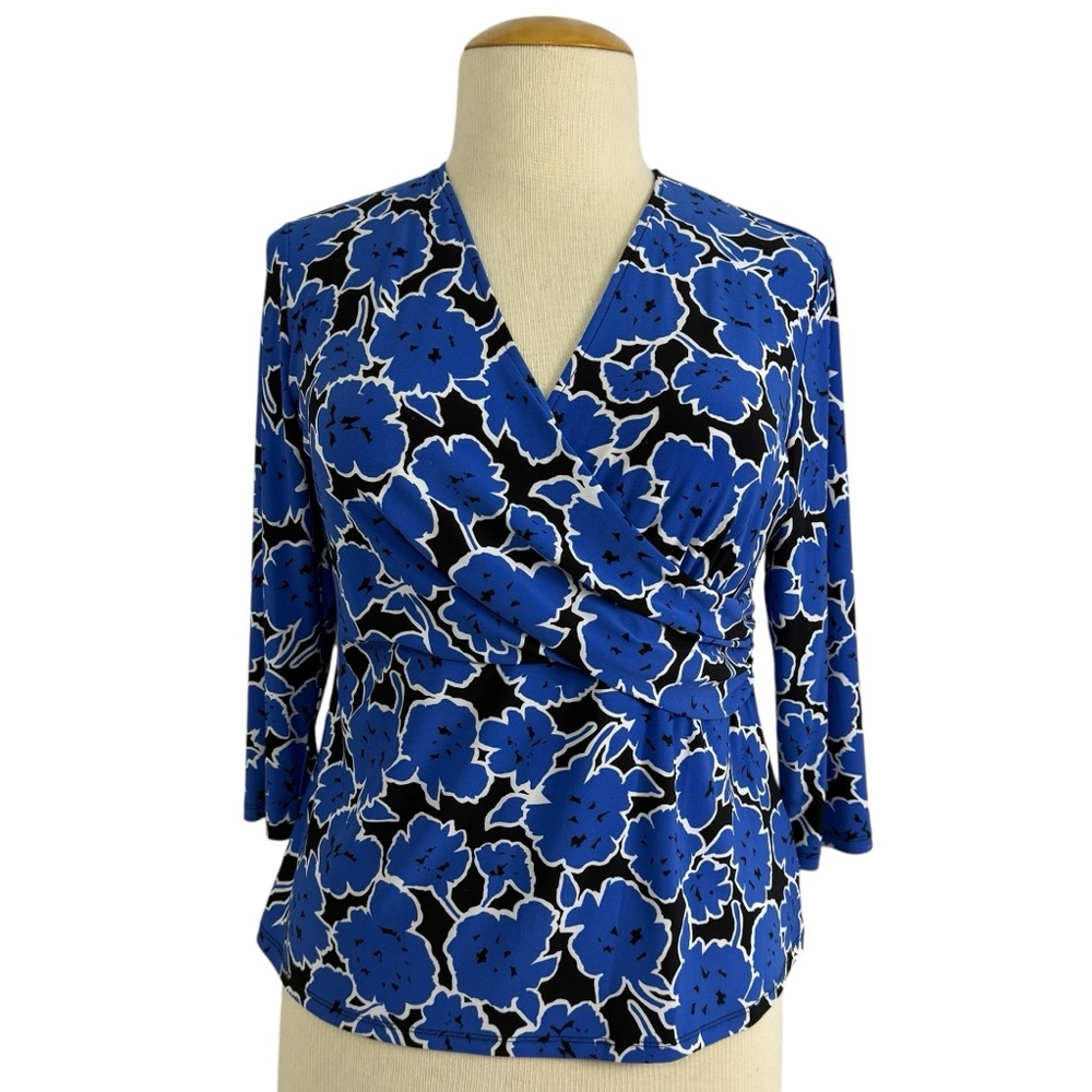 Kasper PXL Blue Floral Faux Wrap Jersey Knit 3/4 Sleeve Top